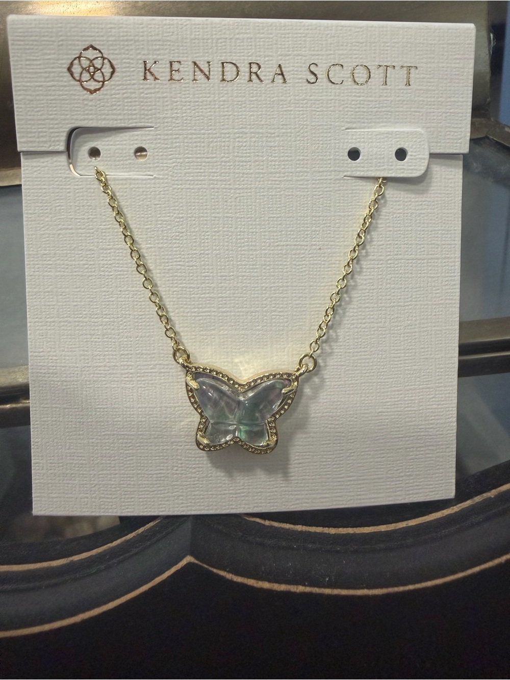 Kendra Scott Gold Butterfly Necklace with Iridescent Green Stone